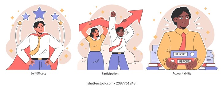 Empowerment set. Confident office employees, inclusive team collaboration. Worker autonomy in decision-making, business capacity building, task delegation. Flat vector illustration.