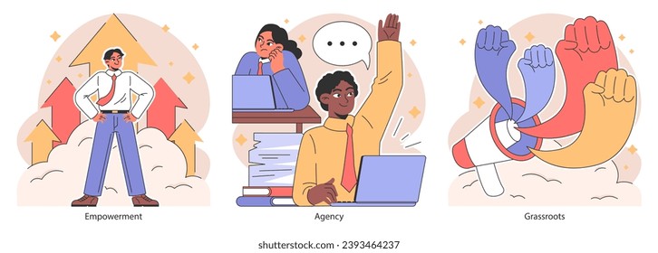 Empowerment set. Confident office employees, inclusive team collaboration. Worker autonomy in decision-making, business capacity building, task delegation. Flat vector illustration.