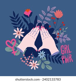 empowerment symbol, hands shaping vulva, grl powr lettering female symbol with flowers
