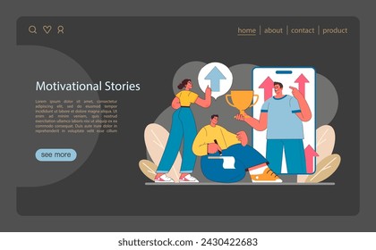 Empoderamiento a través del concepto Stories. Ilustración de individuos compartiendo narrativas de éxito, simbolizando triunfos personales y motivación colectiva en el espacio digital. Ilustración vectorial plana.