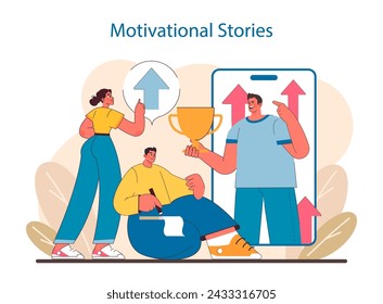 Empoderamiento a través del concepto Stories. Ilustración de individuos compartiendo narrativas de éxito, simbolizando triunfos personales y motivación colectiva en el espacio digital. Ilustración vectorial plana.