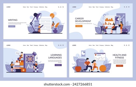 Empowerment Toolkit set. Creative writing, career progression, language proficiency, health and exercise. Nurturing skills, achieving goals, embracing education. Vector illustration