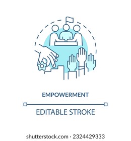 Empowerment turquoise concept icon. Decision making. Social justice. Equal access. System change. Community gathering abstract idea thin line illustration. Isolated outline drawing. Editable stroke