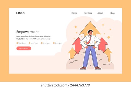 Empowerment web or landing. Confident employee stands tall amidst rising arrows. Business growth and success. Confident office worker, business capacity building. Flat vector illustration.