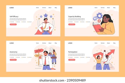 Empowerment web or landing set. Confident office employees, inclusive team collaboration. Worker autonomy in decision-making, business capacity building, task delegation. Flat vector illustration.