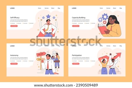 Empowerment web or landing set. Confident office employees, inclusive team collaboration. Worker autonomy in decision-making, business capacity building, task delegation. Flat vector illustration.