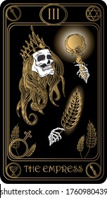 The Empress. The 3rd card of Major arcana black and gold tarot cards. Tarot deck. Vector hand drawn illustration with skulls, occult, mystical and esoteric symbols.