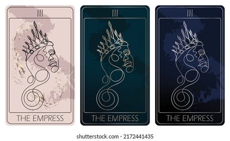 The Empress. A card of Major arcana one line drawing tarot cards. Tarot deck. Vector linear hand drawn illustration with occult, mystical and esoteric symbols. 3 colors. Proposional to 2,75x4,75 in.