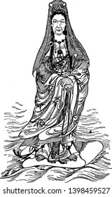 Empress Dowager of China is represented as a goddess of mercy, vintage line drawing or engraving illustration.