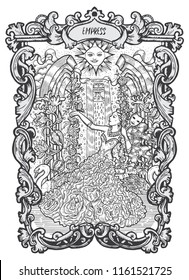 Empress. Major Arcana tarot card. The Magic Gate deck. Fantasy engraved vector illustration with occult mysterious symbols and esoteric concept