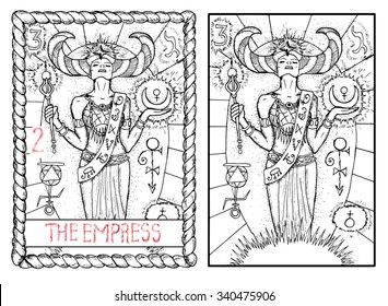 The empress. The major arcana tarot card, vintage hand drawn engraved illustration with mystic symbols. Beautiful woman or queen holding decorated wand and moon