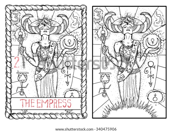 皇后 主要なアルカナのタロットカード ビンテージ手描きの彫刻イラスト 神秘的なシンボル 装飾された杖と月を持つ美しい女性または女王 のベクター画像素材 ロイヤリティフリー