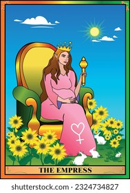 Empress tarot card. The Empress sits in an armchair in nature amongst sunflowers and brown rabbits. A sunny beautiful day.