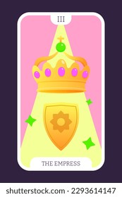 The Empress tarot cartoon flat card template major arcana. Taro vector illustration spiritual signs with esoteric magic and astrology symbols. Isolated colored graphic. Witchcraft concept EPS