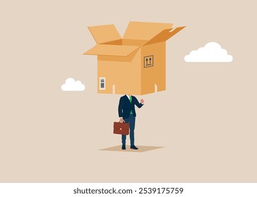 Emptiness. Businessman with empty box over his head. Empty sad self anxiety stress abuse phobia. Closed alone. Flat vector illustration