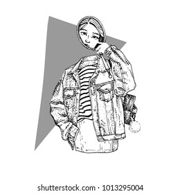 Emptiness, void, vacuum, hollow, blank. Mysterious girl ghost with mirror in jeans jacket. Vector sketch illustration.