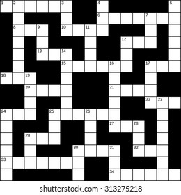Empty 15x15 squares British-style crossword grid for 34 words with numbers, white cells on black background, vector illustration