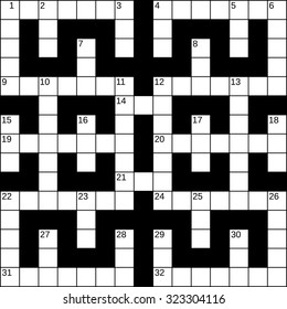 Empty 15x15 squares British-style crossword grid for 32 words with numbers, white cells on black background, vector illustration