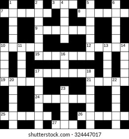 Empty 15x15 squares British-style crossword grid for 27 words with numbers, white cells on black background, vector illustration