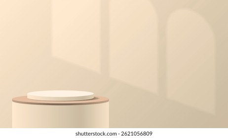 Empty 3d beige podium with sunbeams on the wall.