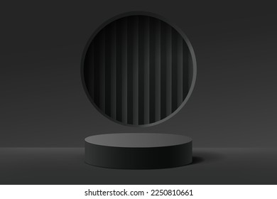 Empty 3d black round podium with abstract geometric shape background for display product, Vector illustration