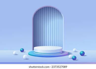 Empty 3D colorful neon lights round podium with holographic futuristic scene and abstract geometric shape arch style background for display product, Vector illustration