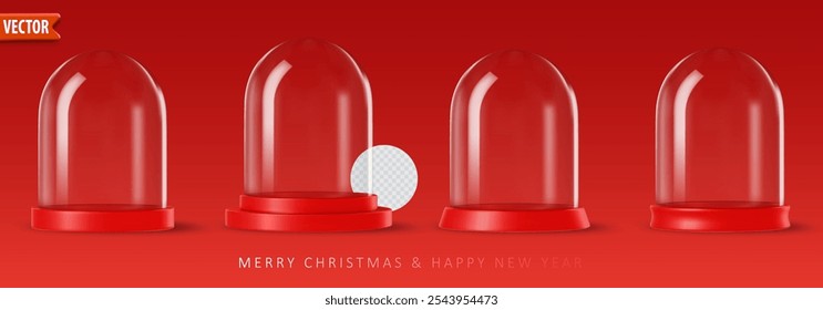 Empty 3d glass snow globes collection isolated on red background with space for product designs. Christmas decorative podium with transparent snowglobe. Vector illustration realistic snow cylinder