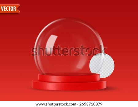 Empty 3d glass snow globes isolated on red background with space for custom designs. Christmas decorative podium with transparent glass dome for products studio. Vector illustration render snow ball.