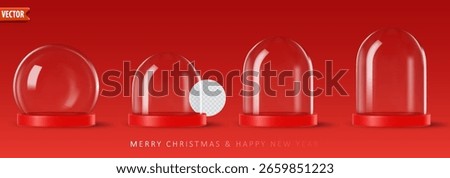 Empty 3d glass snow globes set isolated space for custom designs on red background. Christmas decorative podium with transparent glass dome for product studio. Vector realistic render snow ball globe