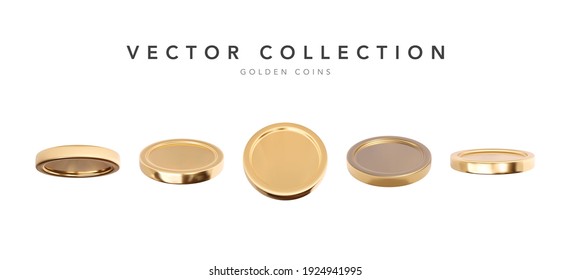 Empty 3d gold coins set isolated on white background in different positions. Rain of golden coins. Falling or flying money. Cash treasure concept. Vector illustration