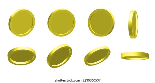 Empty 3d gold coins set. Rotating gold coins in different positions isolated on white.Golden money set for design gambling games, jackpot, bank or financial ad, poster, banner money exchange. Vector