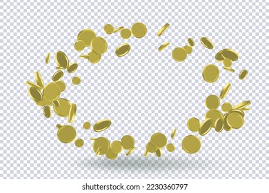 Leere 3D-Goldmünzen-Set. Rundmuster der rotierenden Goldmünzen in verschiedenen Positionen.Goldenes Geld für Design-Glücksspiele, Jackpot, Bank- oder Finanzwerbung, Poster, Banner-Geldwechsel. Vektorgrafik