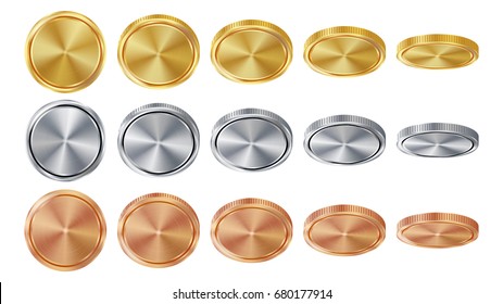 Empty 3D Gold, Silver, Bronze Coins Vector Blank Set. Realistic Template. Flip Different Angles. Investment, Web, Game App Interface Concept. Coin Icon, Sign, Banking Cash Symbol. Currency Isolated

