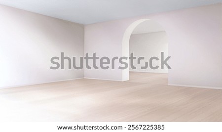 Empty 3d interior room with curved arch doorway connecting spaces. Minimalist beige walls, white ceiling and light wooden floor. Modern environment for architectural visualization or product display.