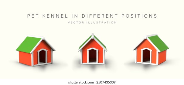 Empty 3D kennel, view from different sides. Vector colored house for dog