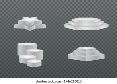 Empty 3d mockup style design of minimalist contest champion pedestal. White podiums. Round and square 3d 