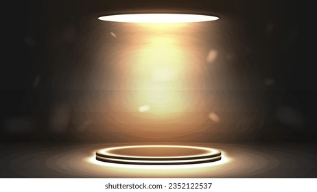 An empty 3d neon podium in black and gold with a glowing bright lamp on a dark background.