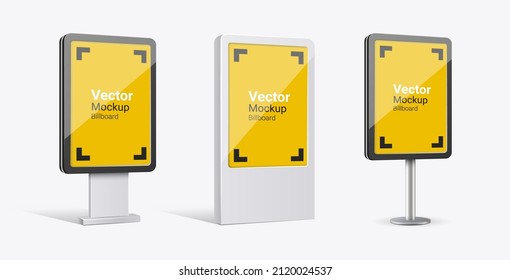 Objeto 3d vacío para publicidad en un fondo blanco y transparente. Puesto de publicidad callejera para el diseño. Ilustración de vector de mockup. Cartel de cartón, carteles, pancarta moderna.