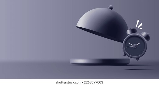 Empty 3d open cloche for food with alarm clock on dark background. For advertising concept of restaurants and cafes, time to eat.