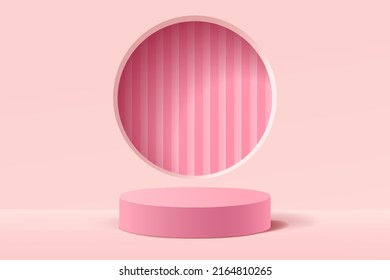 Empty 3d pink round podium with abstract geometric shape background for display product, Vector illustration