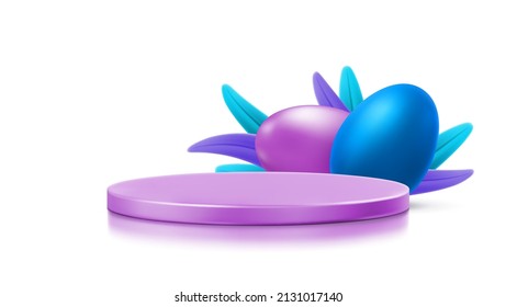 Empty 3D platform for your object with painted Easter eggs and grass. Volumetric podium vector template. Colorful illustration of stand, place