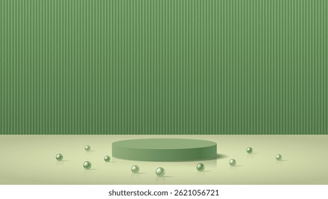 An empty 3d podium in green tones with scattered green balls. Vector mockup.