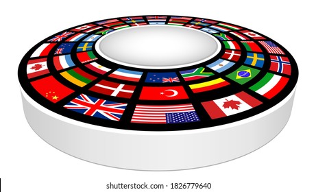 Empty 3D podium with national flags around for product presentation. vector design round pedestal for placement.