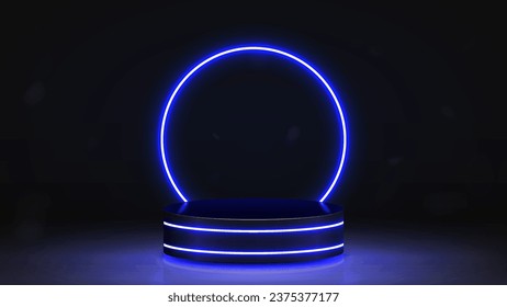 Un podio vacío en 3d con un neón brillante marco azul sobre un fondo oscuro. El andén está en la habitación.