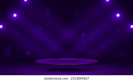 Un podio vacío en 3D en una sala con focos brillantes sobre un fondo morado oscuro.