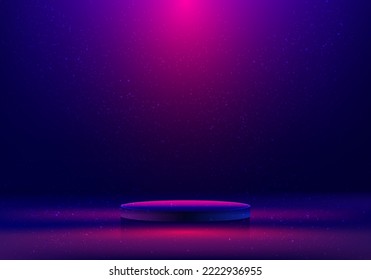 Empty 3D realistic blue and pink neon color podium studio room glowing lighting effect with decoration dust minimal scene background. You can use for showcase display, promotion products, etc. Vector