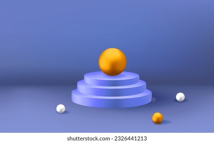 Empty 3d round blue podium and golden balls.Abstract realistic 3D cylinder pedestal in the dark blue room.