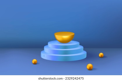 Empty 3d round blue podium and golden balls.Abstract realistic 3D cylinder pedestal in the dark blue room.