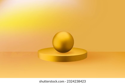 Empty 3d round golden podium with  prism overlay.Light yellow minimal wall scene.Abstract geometric platforms.