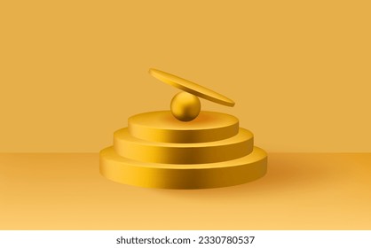 Estadio de oro redondo vacío de 3d con bolas. Escena mínima de pared de color amarillo claro. Resúmenes de plataformas geométricas.